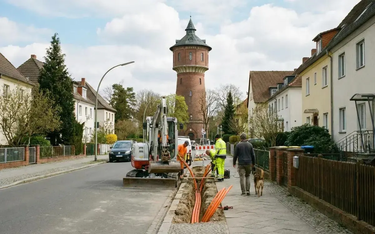 Glasfaser-Trassenbau in einer Wohnstraße mit offenem Graben, Schutzrohren und Bagger