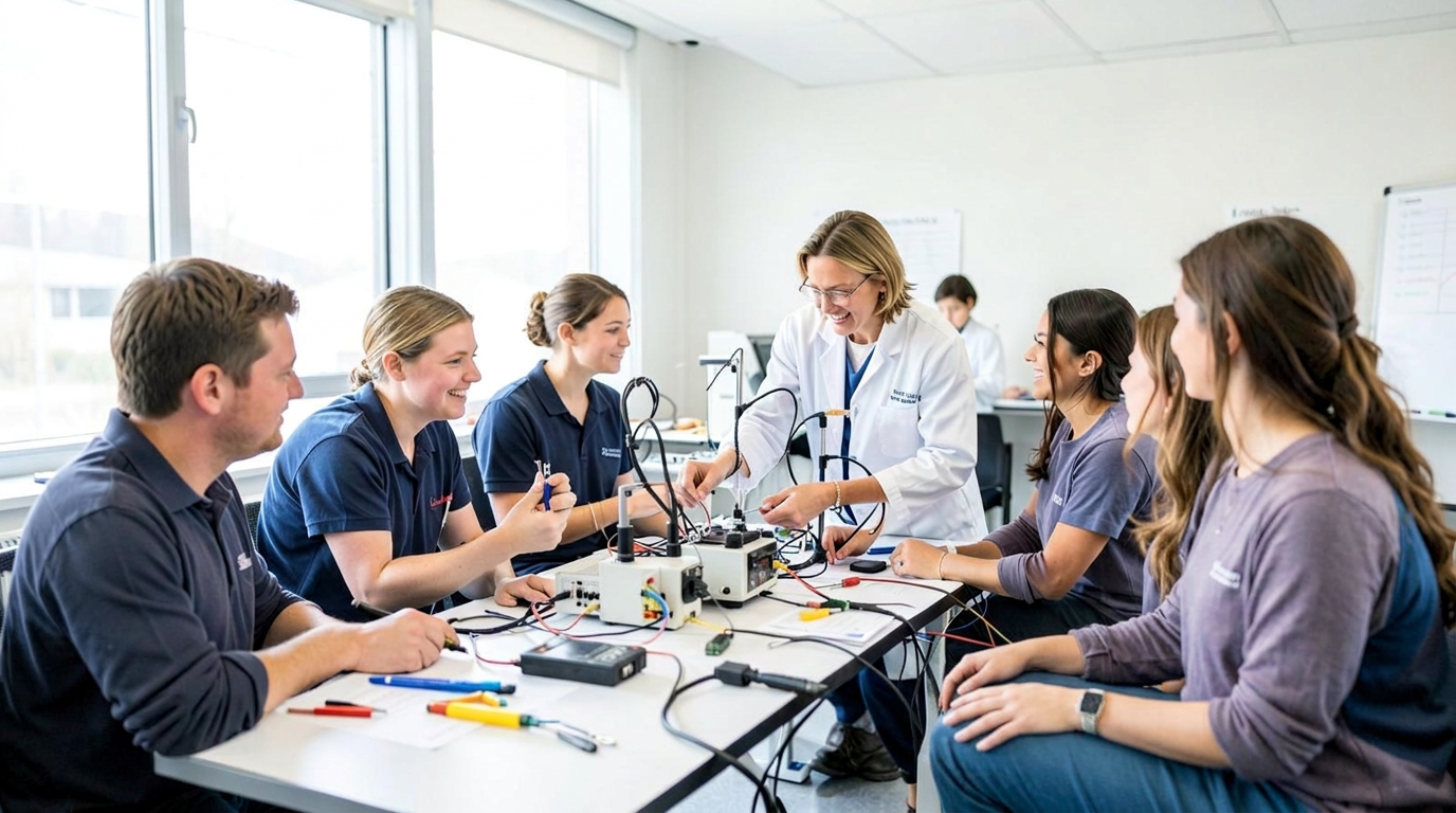 Praxisnahe Glasfaser-Schulung: Trainerin erklärt Teilnehmenden Spleißtechnik und Messgeräte