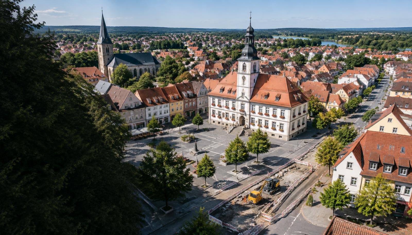 Illustrative Stadtansicht mit Rathaus und einer Infrastrukturbaustelle