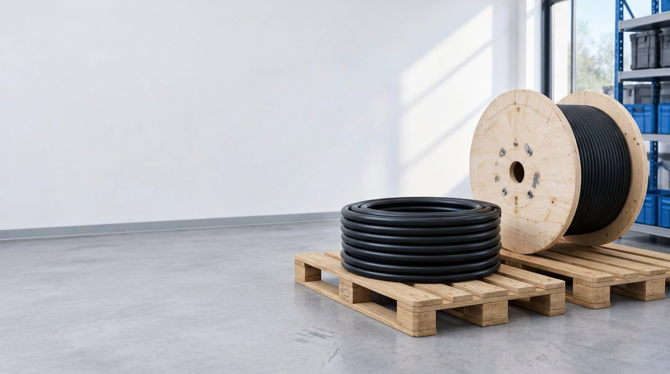 Kabelrolle und Holzkabeltrommel auf Paletten im Materiallager