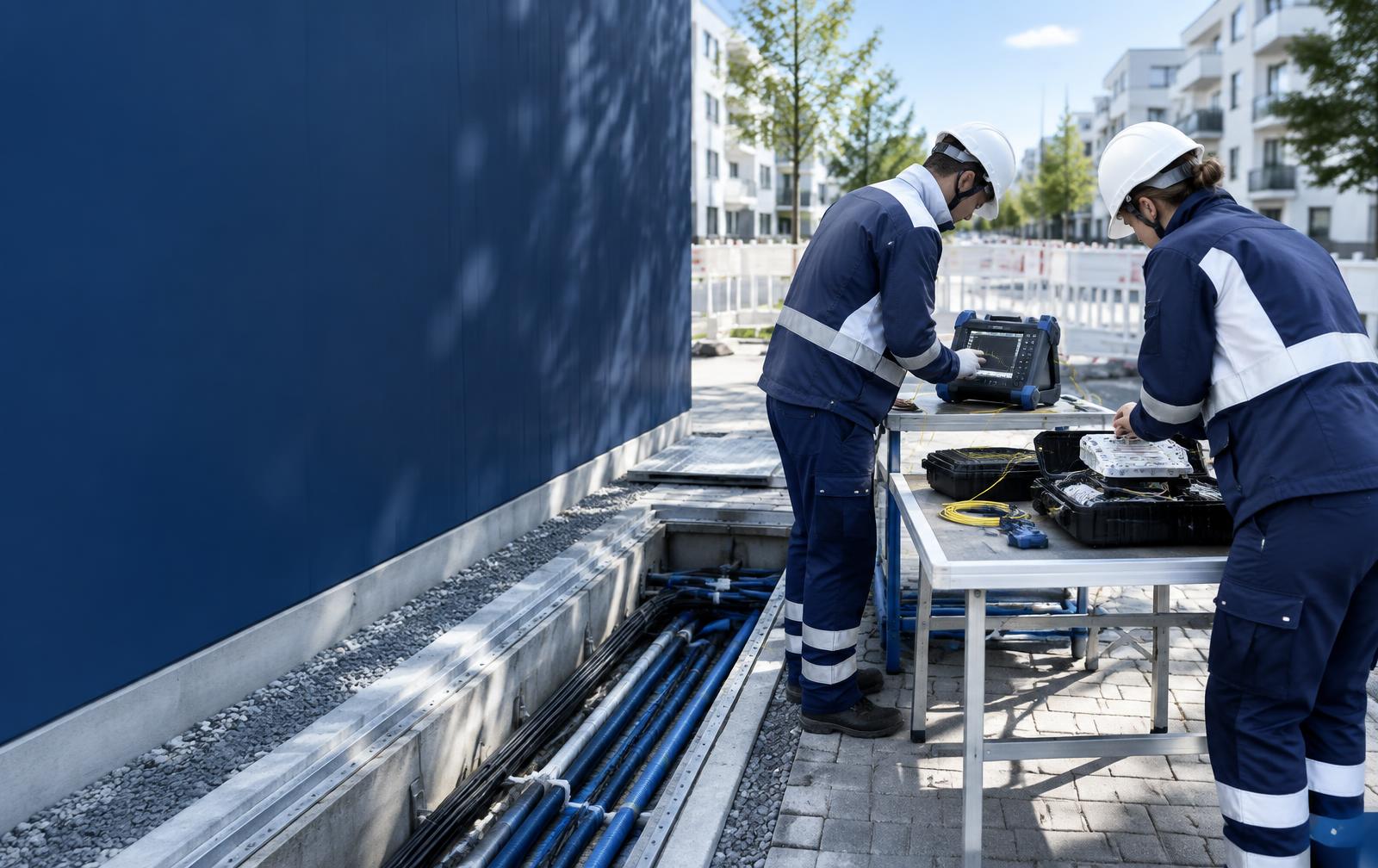 Illustrative Szene einer Prüfung von Glasfaser-Messtechnik auf einer Baustelle